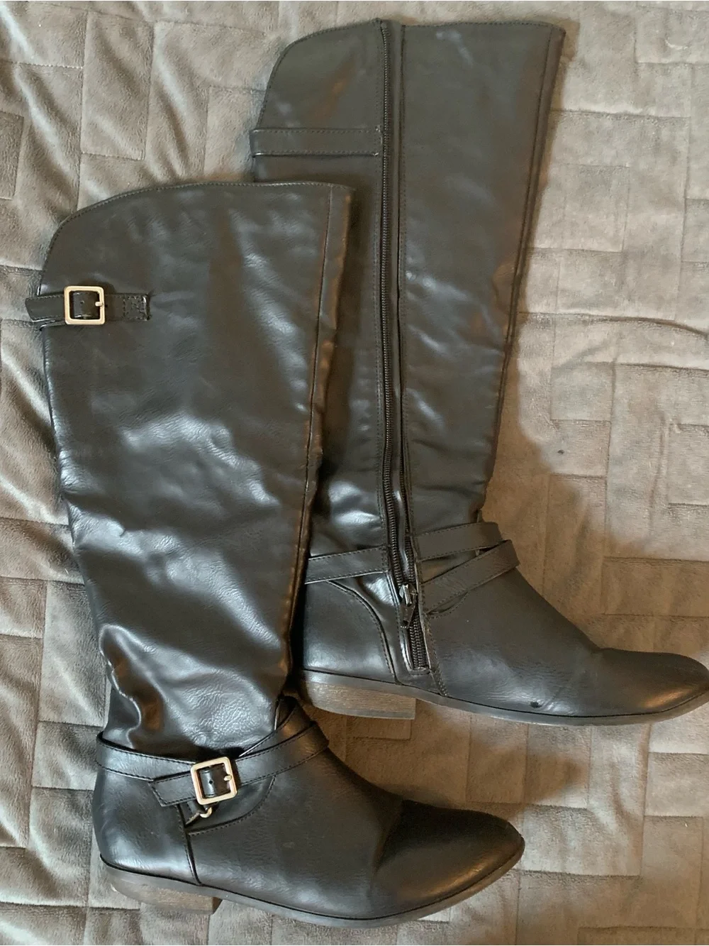 Vintage Black faux leather knee high boots with buckle detail size 8